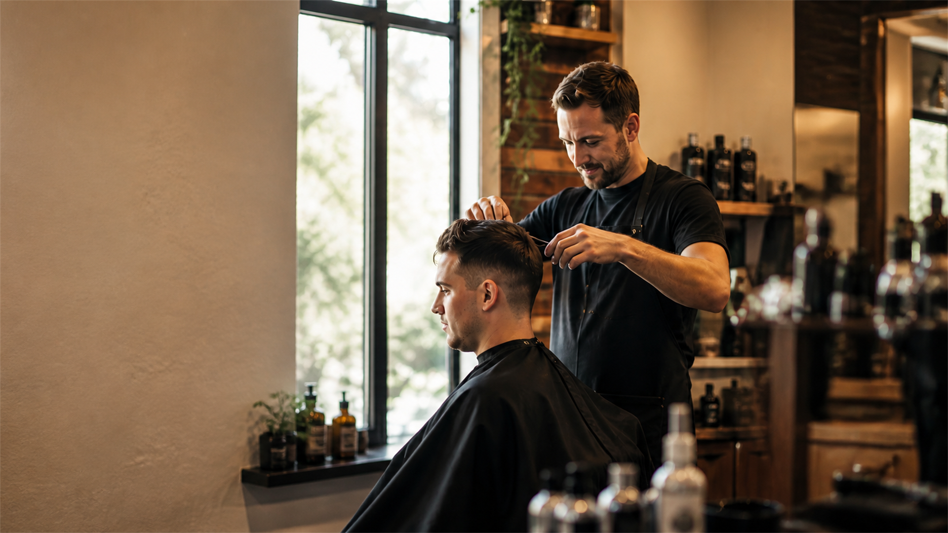 A KTS barber cutting a seated client's hair by a bright window